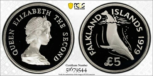 1979年 フォークランド諸島 5ポンド銀貨 プルーフ「ザトウクジラ」 - PCGS PR69DCAM 48,840円