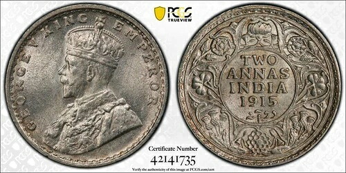 インド - 素晴らしい歴史的ジョージ5世2世アンナ、1915-C、KM# 515、PCGSグレードMS64