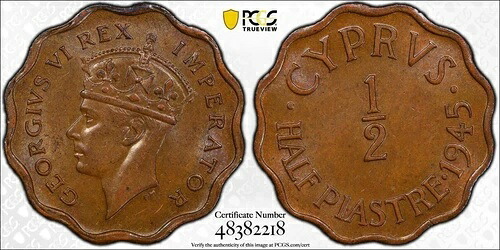 キプロス 1/2 ピアストレ 1945年 KGVI コイン PCGS MS63BN