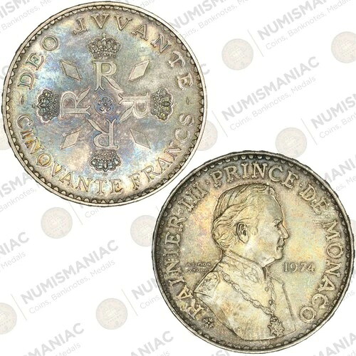 モナコ 1974年 50フラン銀貨 - レーニエ3世治世記念硬貨