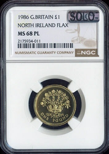 1986年 英国 1ポンド アイルランド フラックス NGC MS68 PL MAC SOLO 最高級 & 汚れなし。