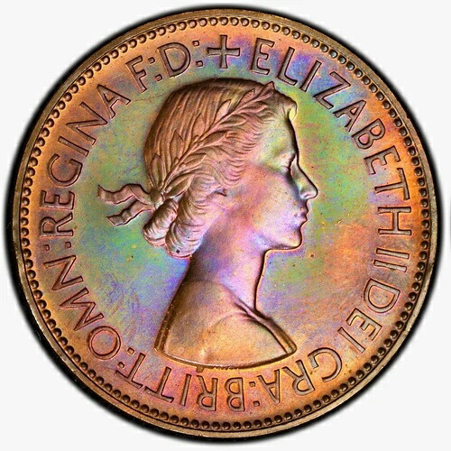 PR63BN 1953年 イギリス 1セント プルーフ、PCGS トゥルービュー レインボートーン