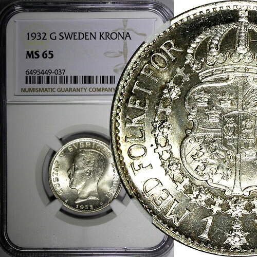 スウェーデン グスタフ V 銀貨 1932年 G 1 クローナ NGC MS65 1 最高グレード KM# 786.2 (037)
