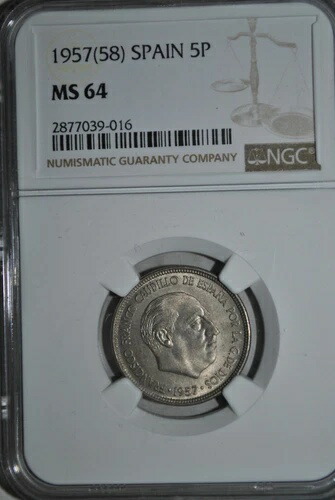 スペイン 5ペセタ 1957/58 NGC MS64 48,840円