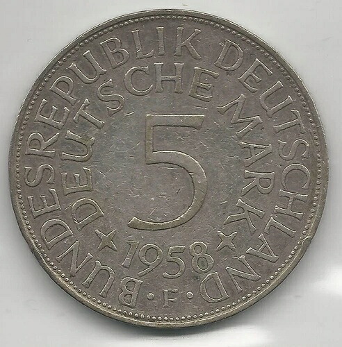 ドイツ、西、1958-F、5マルク、銀、KM#112.1、極美品