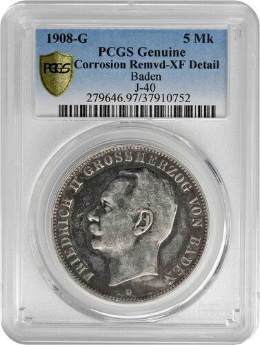 ドイツ バーデン 1908-G。5マーク PCGS EF 詳細 - 腐食除去済み。KM-281。