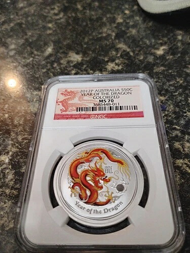 2012-P 50セント オーストラリア 龍年 NGC MS70 カラー化（赤/黄） Pop 376