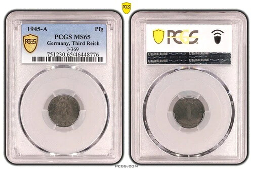 PCGS MS65 1 ペニヒ 1945 A スワスティカ ドイツ 第三帝国 J-369 コイン なし 高い