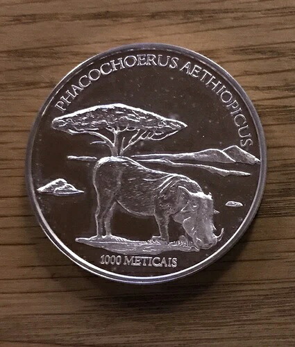 モザンビーク 1000 メティカイ 絶滅危惧野生動物砂漠イボイノシシ銀貨 2004