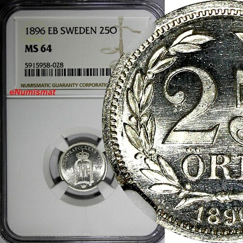 スウェーデン オスカー II シルバー 1896 EB 25 鉱石 NGC MS64 ナイスジェム KM# 739 (028)