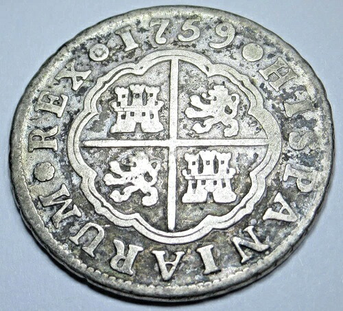 1759年 スペイン 銀貨 2レアル 1700年代 植民地十字章 海賊宝貨