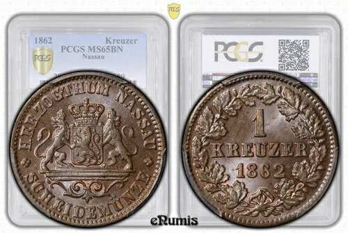 ドイツ、ナッソー、アドルフ、1クロイツァー 1862年、トップポップ、PCGS MS 65 BN