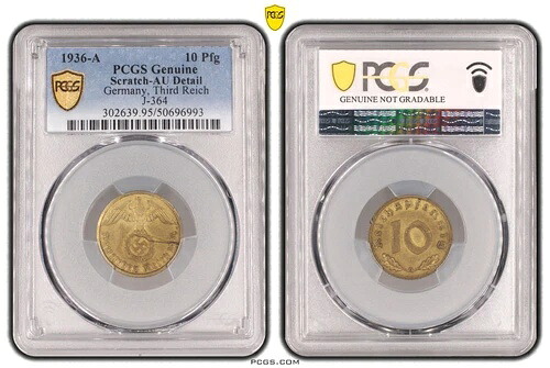 PCGS AU 10 ペニヒ 1936 A スワスティカ ドイツ第三帝国 J-364 コイン 正規品 第二次世界大戦