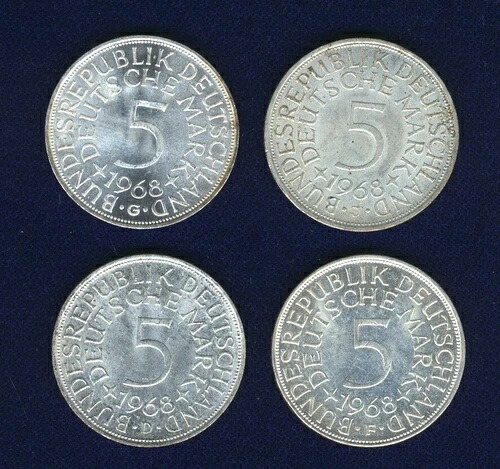 ドイツ 5マルク銀貨：1968-D-F-G-J、AU/BU、ほぼブリリアント、未流通