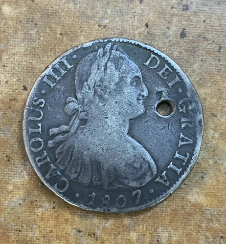 1807年メキシコ銀貨2レアル、アンティーク1800年代スペイン植民地海賊コイン、現状有姿