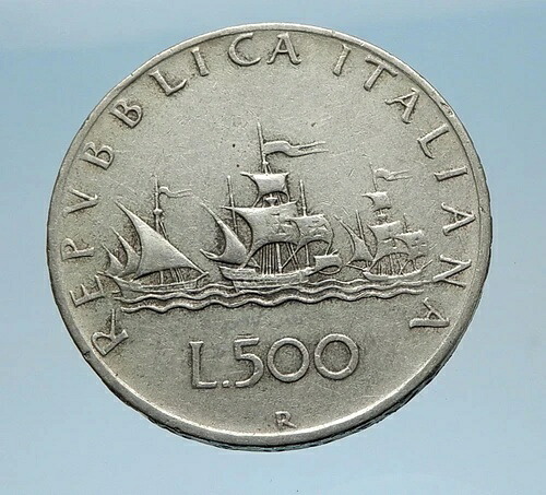 クリストファー・コロンブス、アメリカ発見へ向けて航海 1961年 イタリア製銀貨 i65588