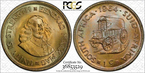1964年南アフリカ1セント、PCGS MS 65 TONED KM 57