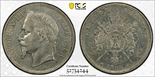 フランス 1869A 5フラン PCGS AU53 シルバー 0.900 Gad-739 F-331