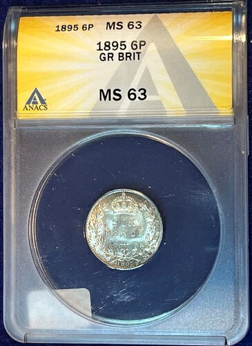 1895年 イギリス 6ペンス銀貨 ANACS MS 63 BU
