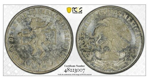 1968年 Mo PCGS MS67 メキシコ - シルバー オリンピック タイプ1 25ペソ コイン - KM 479 .1