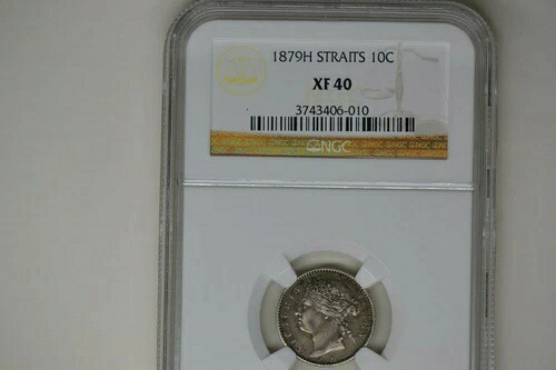 海峡植民地：1879-H 10セント - NGC XF-40。美しいオリジナルコイン！