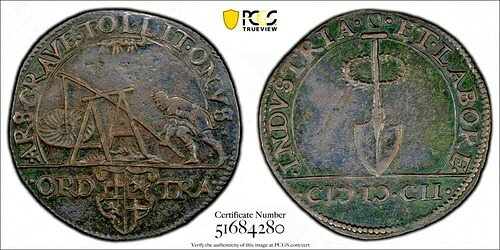 1602年 スペイン領オランダ ジェトン・ダグン-3535 ユトレヒト Cu BN PCGS VF 詳細