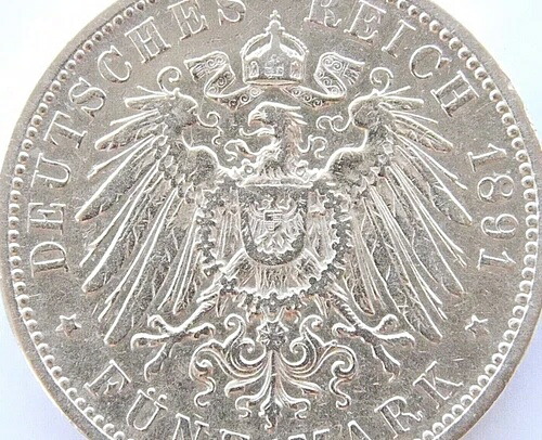 ドイツ 5マルク 1891年 A州 プロイセン ヴィルヘルム2世 銀90% 第一次世界大戦 ニースコイン