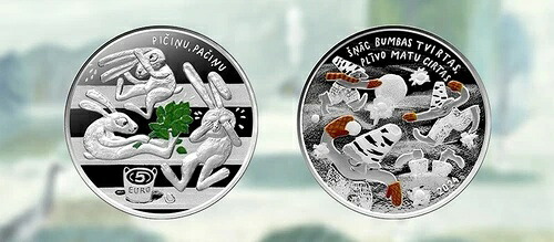 ラトビア 2024年 5ユーロ銀貨「幼少期の喜び」作家ヴィリス・プルドンス