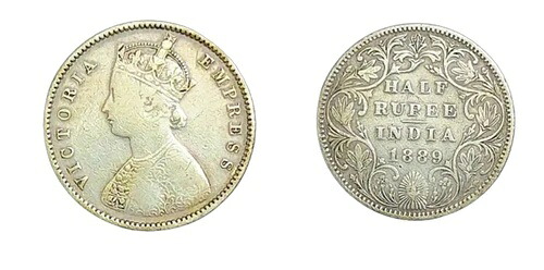 イギリス領インド。1889年、ハーフルピー。ボンベイ造幣局。ヴィクトリア皇后。XFグレード。希少。