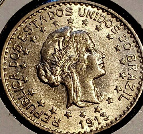 ブラジル 1000レイス 1913年 銀貨 宝石 未使用～100年以上前のもの 標本なし