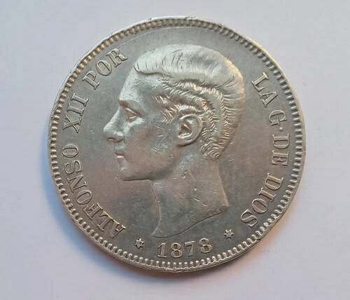 スペイン：アルフォンソ12世 5ペセタ銀貨 (1878*78) DE.M - KM#676 xf