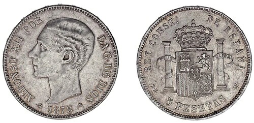 5 シルバー ペセタ / 5 ペセタ プラタ。デュロ。マドリッド。アルフォンソ12世。 1878年*。 XF|WORLD RESOURCE【QUEEN店】