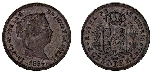 5セント・イザベラ2世 - 本物のイザベラ2世像5セント。セゴビア銅像、1864年。UNC|WORLD RESOURCE【QUEEN店】
