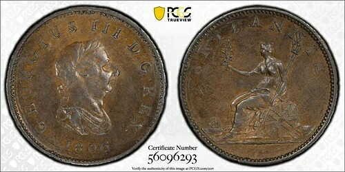 1806年 スリーベリーズ イギリス 銅貨 1/2ペニー PCGS AU-53 BN - S-3781 KM-662|WORLD RESOURCE【QUEEN店】