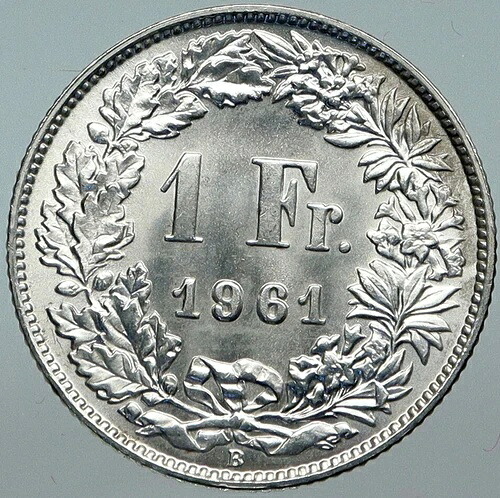 1961 B スイス ヘルヴェティア スイス国家を象徴する銀貨 1フラン i88526|WORLD RESOURCE【QUEEN店】