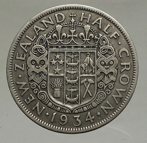 1934年 ニュージーランド 英国 ジョージ5世 正真正銘アンティークシルバーハーフクラウンコイン i56644｜WORLD RESOURCE【QUEEN店】 46,860円