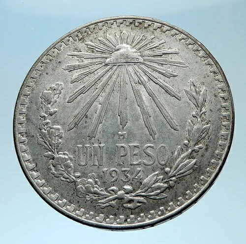 1934年 M MEXICO ラージイーグル リバティキャップ メキシコアンティークシルバー 1ペソコイン i77981｜WORLD RESOURCE【QUEEN店】