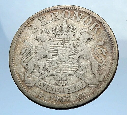 1907年 スウェーデン キング・オスカー2世 アンティークシルバー 2クローナ スウェーデン製ヴィンテージコイン i69893|WORLD RESOURCE【QUEEN店】