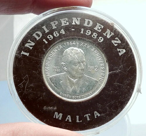 1989年 マルタ独立記念 首相 ジョルジョ・ボルグ・オリヴィエ 銀貨 i74064｜WORLD RESOURCE【QUEEN店】
