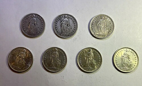 7種類のスイス 1 フラン 83.5% 銀貨 1920/43/53/58/61/62/1964。｜WORLD RESOURCE【QUEEN店】