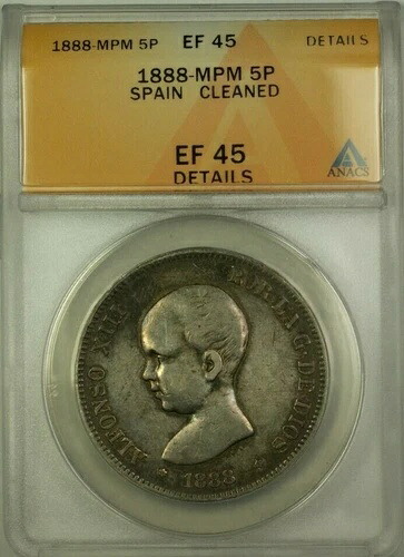 1888-MPM スペイン 5ペセタ硬貨 ANACS EF 45 クリーニング済み 詳細|WORLD RESOURCE【QUEEN店】