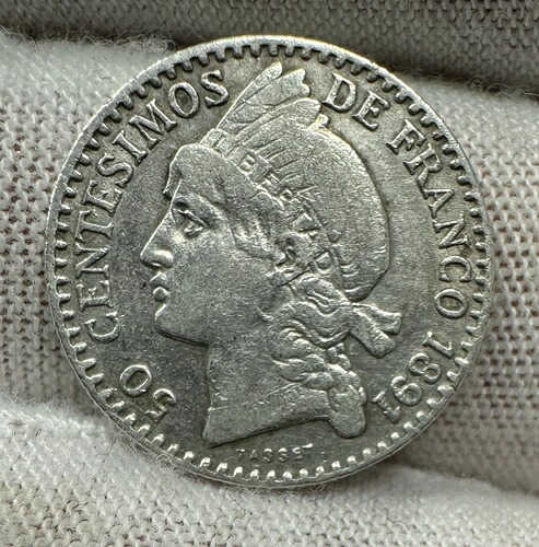 1891-A ドミニカ共和国 50 センテシモス デ フランコ パリ 希少 150,000 ベターグレード