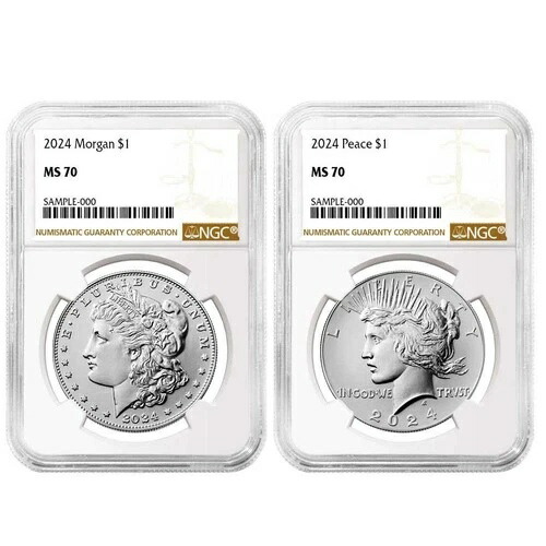 2024年 1ドル モルガン＆ピース銀貨 2枚セット NGC MS70 ブラウンラベル