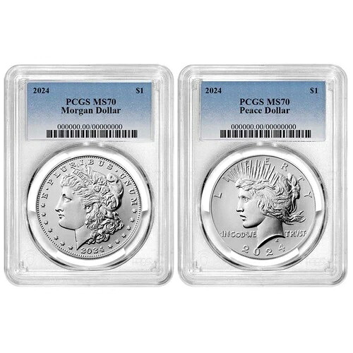2024年 1ドル モルガン&ピース銀貨 2枚セット PCGS MS70 ブルーラベル