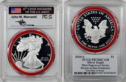2020-S プルーフ シルバー イーグル PCGS PR70 MERCANTI サイン入り エングレーバーシリーズ レッドガスケット｜WORLD RESOURCE【QUEEN店】
