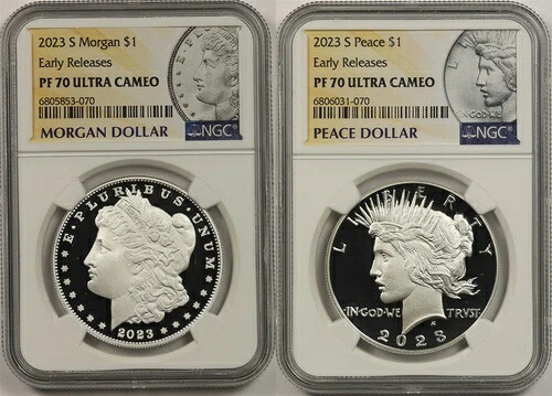 2023年-S $1 モーガンピース シルバー $1 2個セット NGC PF70 UCAM E/R モーガン＆ピースラベル-