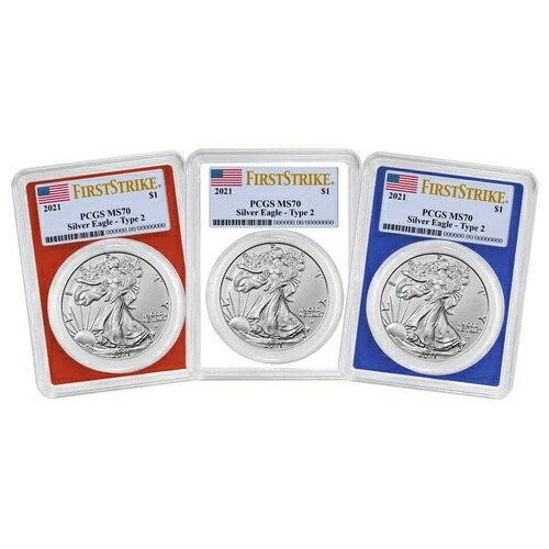3枚セット - 2021年 $1 1オンス T2 アメリカンシルバーイーグル PCGS MS70 FS フラッグラベル レッド