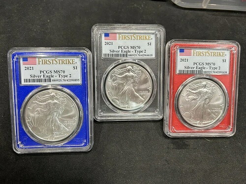 2021年 PCGS MS 70 タイプ2 シルバーイーグル 3枚セット（レッド、ホワイト、ブルーコア）