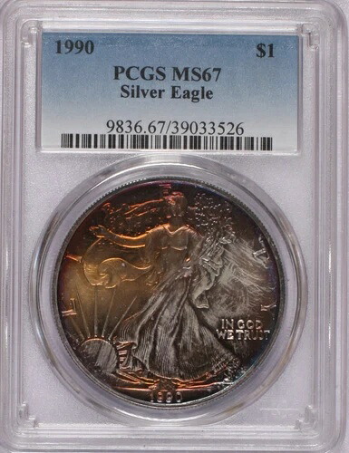 1990年 ウォーキング・リバティ シルバー 1ドル PCGS MS67 ゴージャスなカラー！送料無料。
