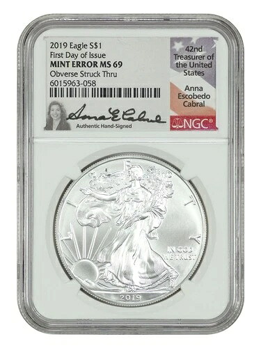 ミントエラー: 2019 $1 シルバーイーグル NGC MS69 (表面ストライクスルー、発行初日、